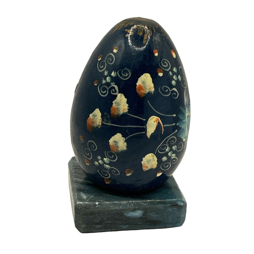 Cloisonne Egg Blue Hand Painted Beauty On Green Stone Stand Cottage Core - Picture 2 of 4